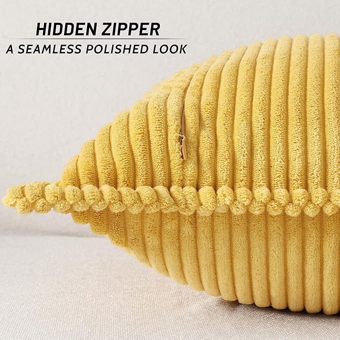 Mecatny Corduroy Throw Pillow Covers 12x20 Set of 2, Neutral Decorative Soft Boho Lumbar Couch Pillow Covers with Broadside for Sofa Living Room, Mustard Yellow