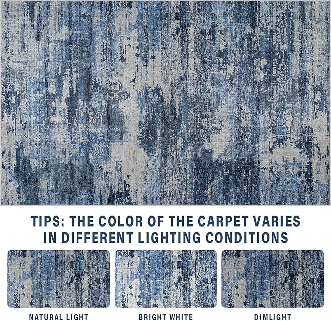 Area Rug Living Room Rugs: 6x9 Rug for Bedroom Machine Washable with Non Slip Backing Non Shedding Abstract Stain Resistant Large Carpet for Dining Room Nursery Home Office - Beige/Blue