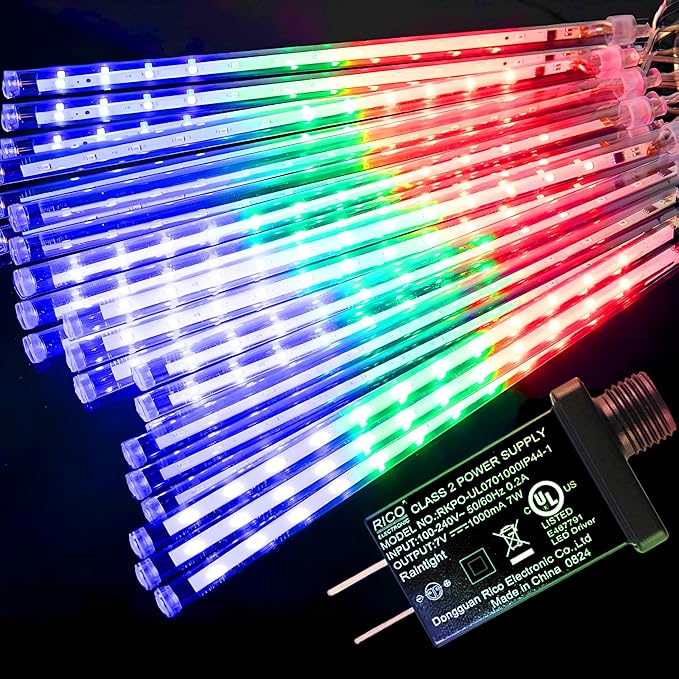 Aukora Christmas Lights Outdoor, UL Plug Halloween Lights Outside, LED Meteor Shower Light, 11.8in 8 Tubes 192 LEDs for Xmas, Wedding, Party, Holiday, Garden, Tree Decoration（Blue、Red、Green