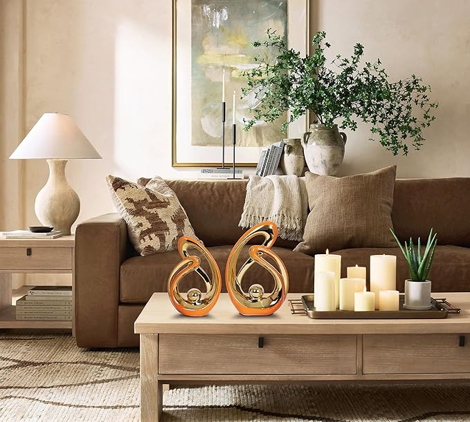 2 Pcs Orange and Gold Decor for Living Room Table Sculpture Decorations Ceramic Decor Mid Century Modern Decor Figurine Centerpieces for Dining Room Kitchen Fireplace Shelf Office Coffee Table Decor