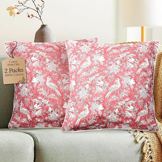 CPC 100% Cotton Throw Pillow Covers 20x20 Inch, Set of 2 Pink Block Print Pattern Couch Pillow, Cute Boho Decorative Pillows for Living Room, Bedroom with Hidden Zipper- Coral Pink