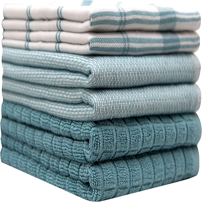 Premium Kitchen Towels (20”x 28”, 6 Pack) – Large Cotton Kitchen Hand Towels – Flat & Terry Towel – Highly Absorbent Tea Towels Set with Hanging Loop (Teal Check)
