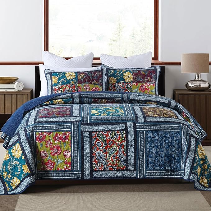 Secgo Queen Comforter Set for Bed - 100% Cotton Quilts Queen Size, Burgundy Bedspreads (90 * 98 Inch) with 2 Pillow Shams, Patchwork Reversible Lightweight Bedding