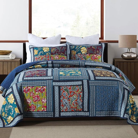 Secgo Queen Comforter Set for Bed - 100% Cotton Quilts Queen Size, Burgundy Bedspreads (90 * 98 Inch) with 2 Pillow Shams, Patchwork Reversible Lightweight Bedding