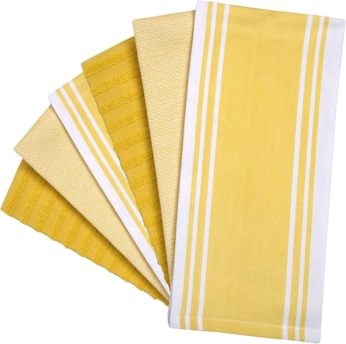 Premium Large Kitchen Hand Towels (20"x 28", 6 Pack) | Cotton Flat & Terry Towels | Highly Absorbent Tea Towels Set With Hanging Loop | Wide Stripe Yellow