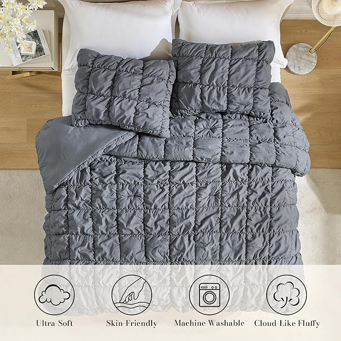 Amelie Home Grey Bubble Comforter Set Twin, 2 Pieces Ultra Soft Cozy Bedding Set for All Seasons, Farmhouse Luxury Gift for Women Home Decor, 68 x 90 inches