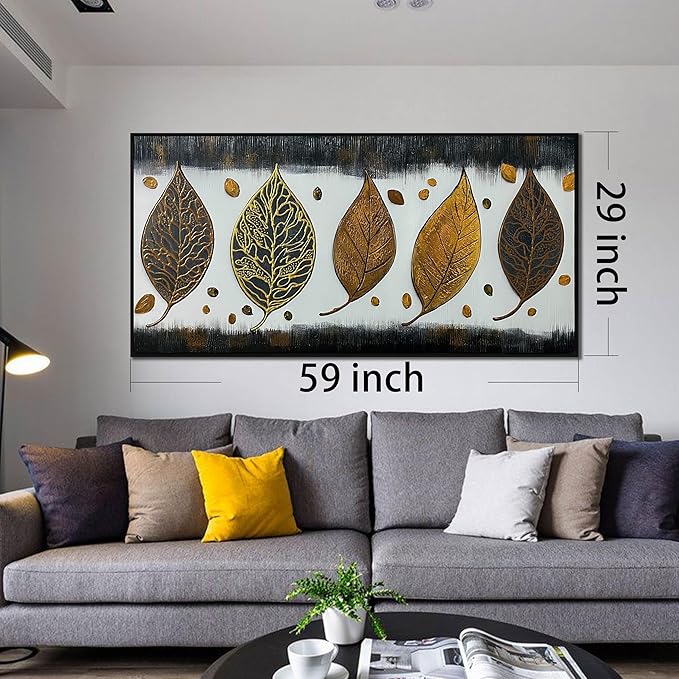 CIRABKY Leaf Hand Painted Wall Art for Living Room - Vintage Canvas Wall Art for Office - Large Picture Black Frames for Wall Size 29" x 59"