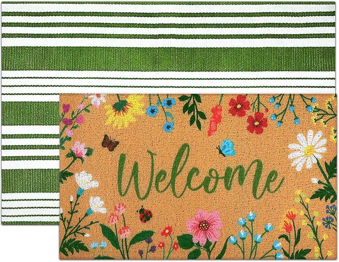 2 Pcs Floral Welcome Doormat Flower Outdoor Welcome Mats for Front Door Non Slip Wildflower Coir Floor Mat Green White Stripe Layering Rug for Outside Front Porch Entryway Decor
