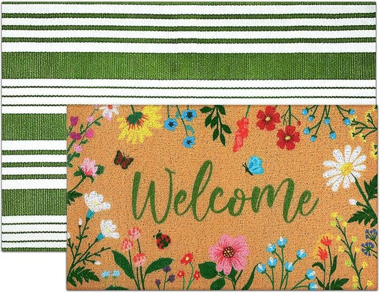 2 Pcs Floral Welcome Doormat Flower Outdoor Welcome Mats for Front Door Non Slip Wildflower Coir Floor Mat Green White Stripe Layering Rug for Outside Front Porch Entryway Decor