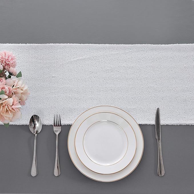 2 Packs 12 x 108 inches White Sequin Table Runner, Glitter White Table Runner for Wedding Birthday Bachelorette Holiday Party Supplies Decorations Bridal Shower Baby Shower