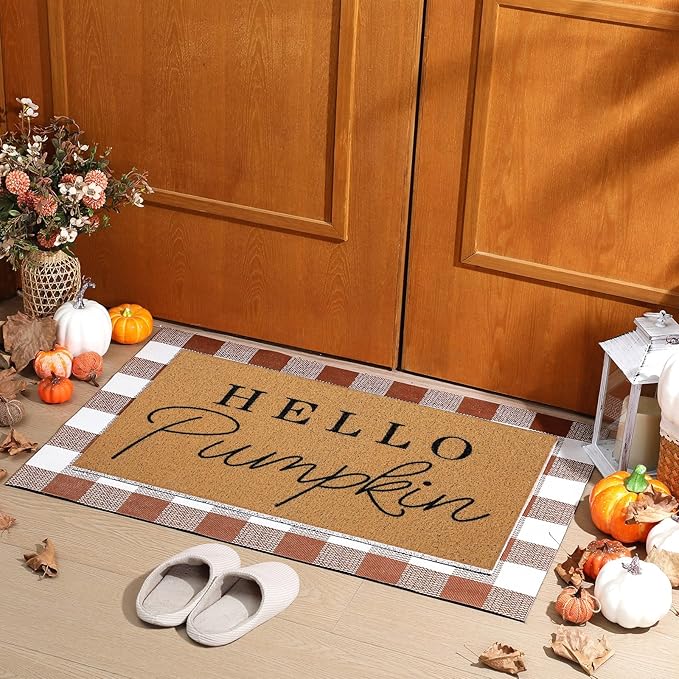 2 Pcs Fall Door Mat Hello Pumpkin Welcome Non Slip Coir Mats Thanksgiving Black White Plaid Harvest Floor Layering Doormats Seasonal for Front Porch Entryway Decor(Brown White Plaid)