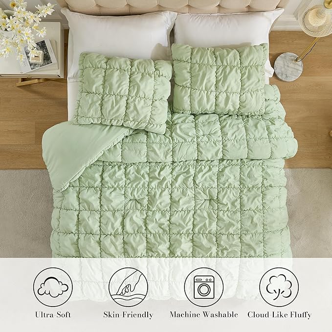 Amelie Home Sage Green Bubble Comforter Set Twin, 2 Pieces Ultra Soft Cozy Bedding Set for All Seasons, Farmhouse Luxury Gift for Women Home Decor, 68 x 90 inches