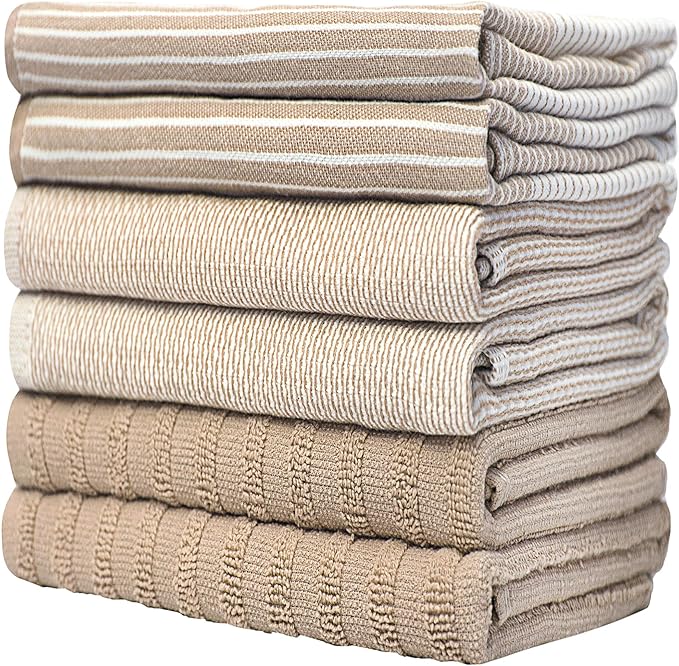 Premium Kitchen Towels (20”x 28”, 6 Pack) | Large Cotton Kitchen Hand Towels | Flat & Terry Dish Towel | Highly Absorbent Tea Towels Set with Hanging Loop | Tan