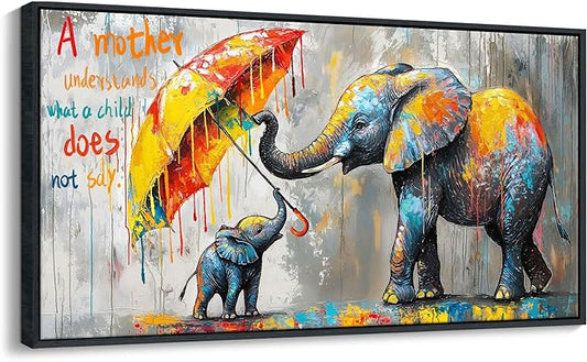 QZQCBLC Large Canvas Wall Art, Mother and Baby Elephant Street Art Abstract Graffiti Inspirational Pictures Modern Grey Painting Framed for Living room Bedroom kitchen Home Office Decor 29x58 IN