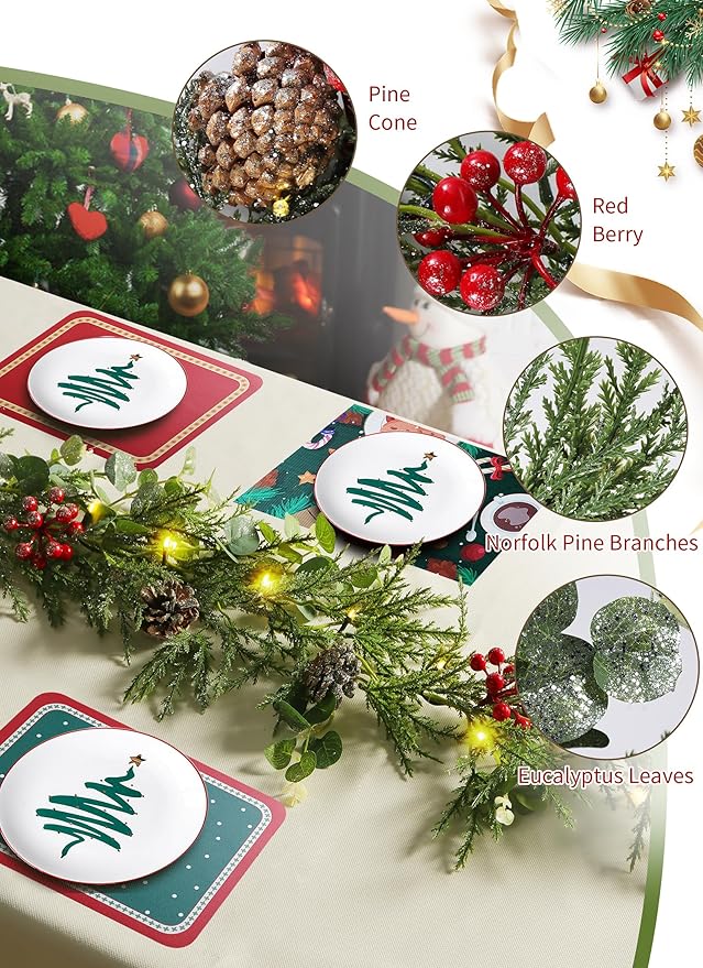 Brightown Christmas Garland with Lights, 6 Ft LED Battery Operated Christmas Lights with Pine Cones, Berry, Eucalyptus Leaves, Indoor Christmas Decorations for Stairs Fireplace Door, 2 Pack