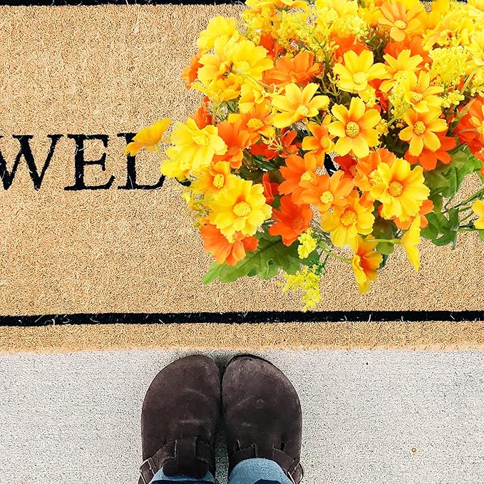 Uieke Artificial Fake Flowers, 6 Bundles Daisy Mums Flowers Outdoor UV Resistant No Fade Greenery Shrubs Plants Indoor Outside Hanging Planter Home Wedding DIY Garden Porch Décor (Orange Yellow)