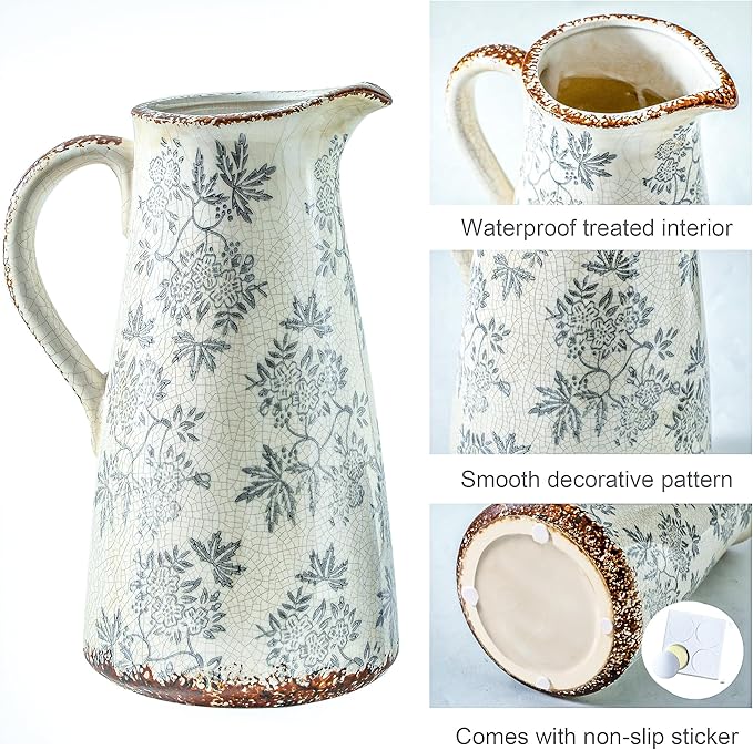 Enra Blue and White vase with Handle,12.2 inch Ceramic Vintage Decorative Flower Pitcher vase, Chinoiserie Floral Vase,Large Rustic Vases for Home Decors, Living Room, Bookshelf, Office