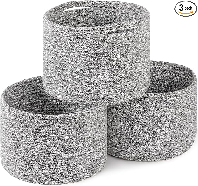 OIAHOMY Small Storage Baskets for Organizing,Closet Cube Shelf Storage, 9.8”×9.8”×7.1”, Woven Cotton Rope Gift Baskets for Nursery,Cute Dog Toy bins, Round 3 Packs, Grey