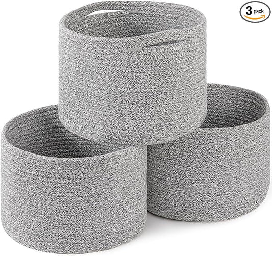 OIAHOMY Small Storage Baskets for Organizing,Closet Cube Shelf Storage, 9.8”×9.8”×7.1”, Woven Cotton Rope Gift Baskets for Nursery,Cute Dog Toy bins, Round 3 Packs, Grey