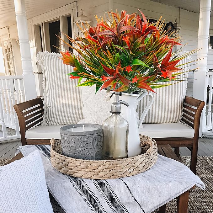 Uieke 6Pcs Outdoor Artificial Plants UV Resistant, Fake Morning Glory Flowers with Orange Grass, Tropical Flowers Fall Leaves Foliage for Garden Patio Sidewalk Décor Red