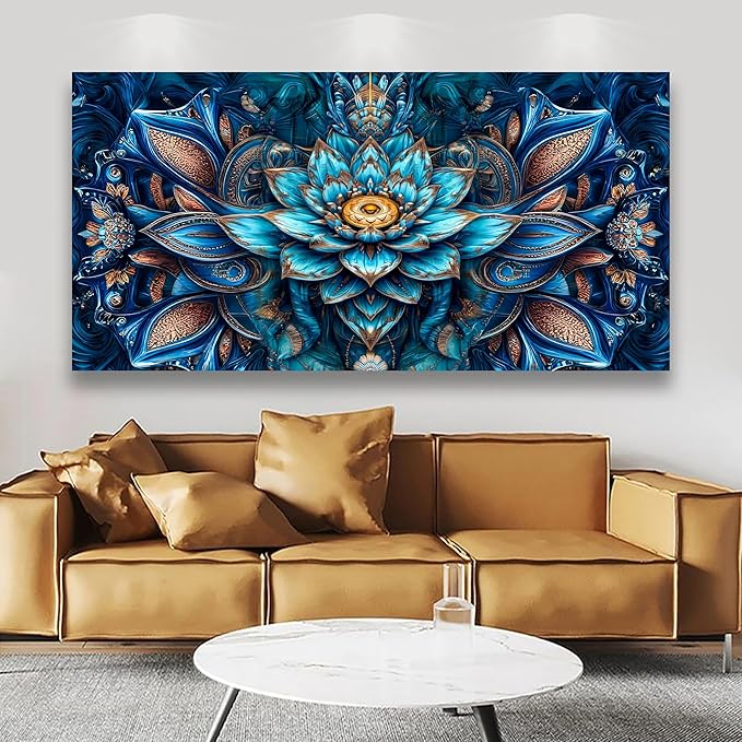 Blue Abstract Wall Art Bedroom Wall Decor Living Room,Lotus Flower Pattern of Design Canvas Wall Art Office Farmhouse Paintings Artwork Modern Golden Teal Boho Wall Art Prints Pictures 20 * 40inch