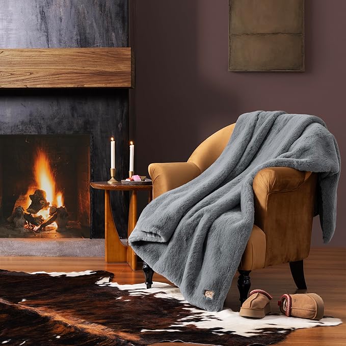 UGG Plush Faux Fur Throw Blanket Reversible Medium Weight Luxury Soft Throw Blankets for Bed or Chair, Hypoallergenic, Machine Washable, Home Decor, 50-inch x 70-inch, Chambray Blue Grey (Euphoria)