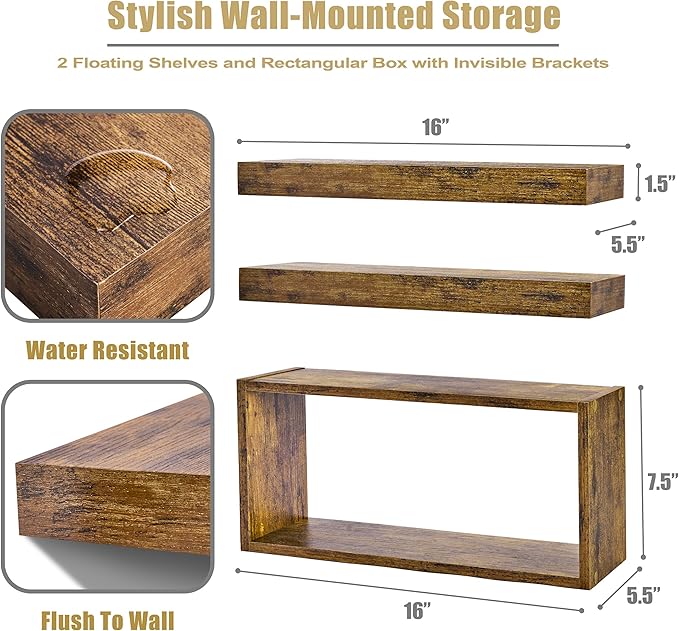 Sorbus Floating Shelves for Wall Set of 3 - Bathroom Shelves for Wall Storage, Over Toilet, Bedroom, Farmhouse, Decor - 2 Floating Shelves with Invisible Brackets & 1 Rectangular Box, Walnut