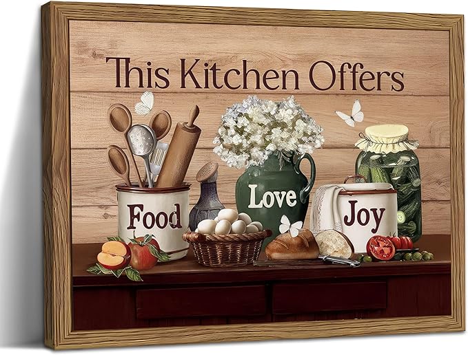 Kitchen Wall Art, Vintage Rustic Farmhouse Food Still Life Wall Decor Paintings, This Kitchen Offers Food Love and Joy Canvas Pictures Posters Prints for Dining Room Home Decor 16x24 Inch Wood Framed