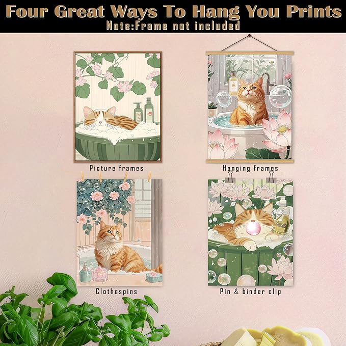 FITIE Orange Tabby Cat Bathroom Wall Art Posters Set of 4, Cat Bathroom Decor, Retro Japanese Aesthetic Floral Bathtub Cats Canvas Prints Artwork Wall Decor for Bath Wash Room, 8x10 Unframed