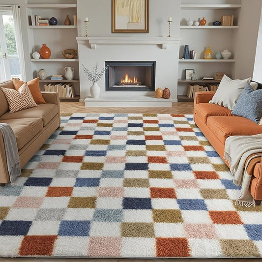 Checkered Rug 8x10 for Living Room, Modern Rainbow Shag Rug Washable Non-Slip Large Area Rug Super Soft Indoor Fuzzy Carpet Fluffy Rugs for Bedroom Home Aesthetic Decor