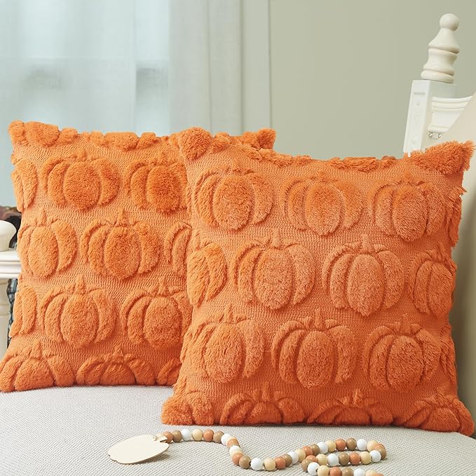 GEEORY Fall Pillow Covers 18 x 18 Inch Set of 2, Fall Decorations Pumpkins Soft Plush Fluffy Faux Fur Wool Decorative Autumn Thanksgiving Farmhouse Cushion Case for Sofa Orange GC021-18