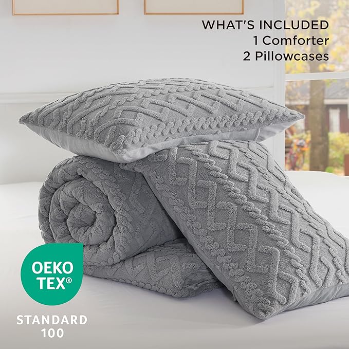 Bedsure Queen Fluffy Comforter Set, Grey Plush Fleece Bed Set, Luxury Jacquard Farmhouse Boho Soft Warm Bedding for Winter, 3 Pieces, 1 Comforter (90"x90") and 2 Pillowcases (20"x26")