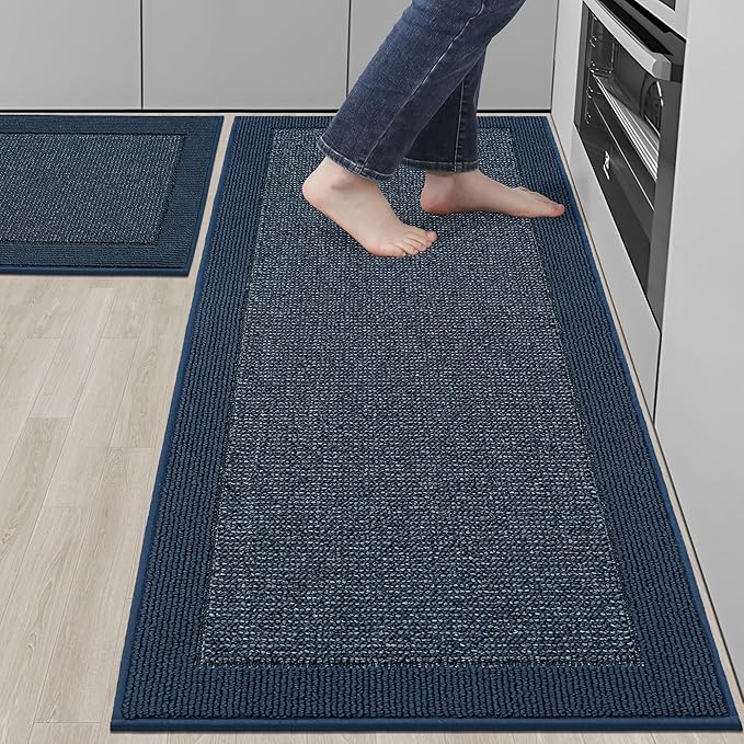 BEQHAUSE Kitchen Rugs and Mats Set of 2 Non-Slip Kitchen Mats for Floor, Absorbent and Stain Resistant Kitchen Runner, Machine Washable Rugs for Kitchen, Laundry & Sink, 24"x36"+24"x60", Blue