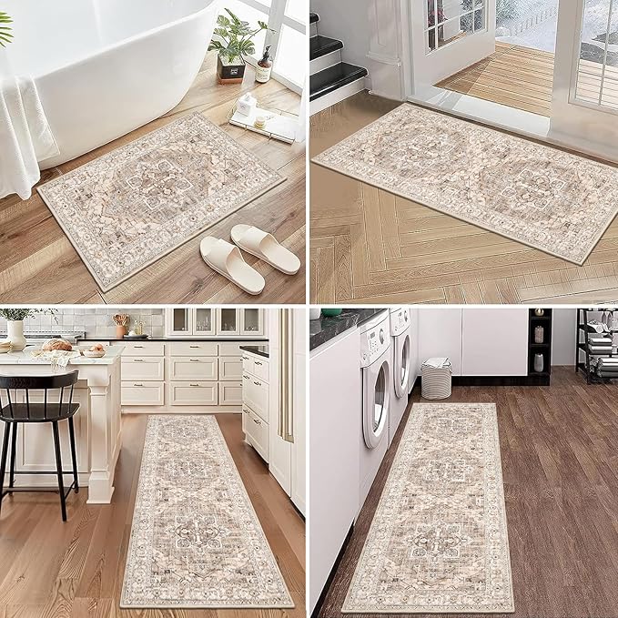 Pauwer Kitchen Mats for Floor 3 Piece Set Boho Non Slip Kitchen Rugs Washable Farmhouse Kitchen Floor Mats Thick Long Kitchen Throw Area Rug Carpet Runner for Hallway Entryway Laundry Bathroom, Beige