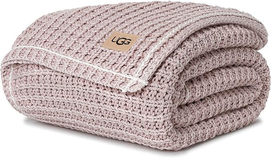 UGG Luna Knit Throw Cotton Chunky Soft Throw Blanket for Couch or Bed Cozy Washable Giftable Lightweight Blanket for Living Room or College Dorm, 50-inch x 70-inch, Quartz Pink