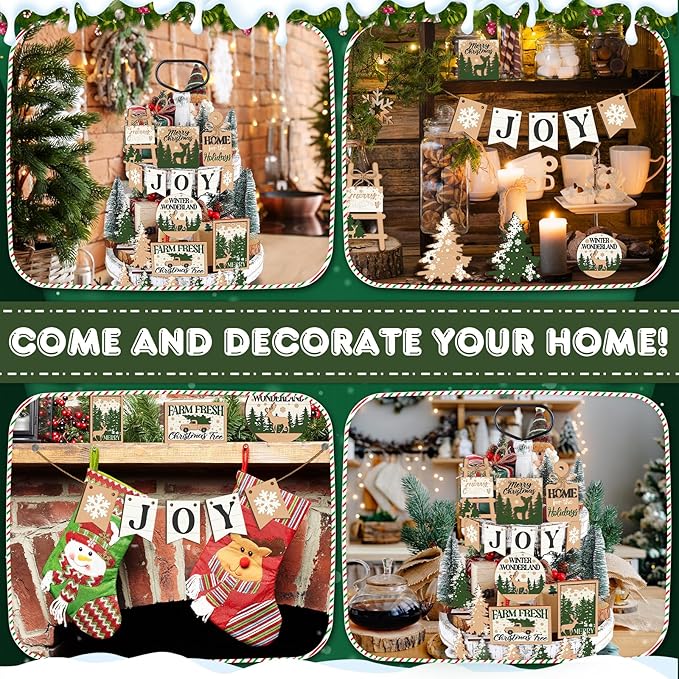 17 Pcs Christmas Tiered Tray Decor Set Winter Tiered Tray Decorations Farmhouse Tabletop Centerpiece Christmas Wooden 3D Sign for Xmas Home Buffalo Plaid Rustic Table Decoration(Forest)