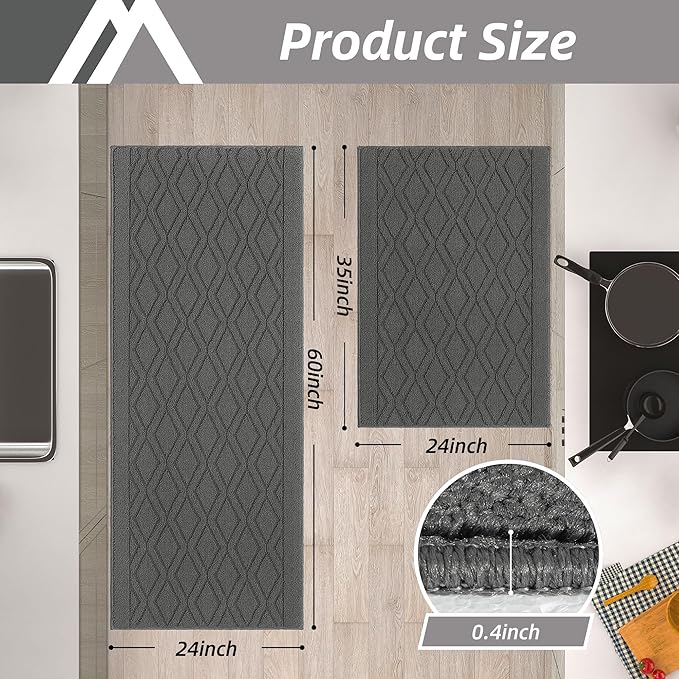 COSY HOMEER 60x24Inch/36X24Inch Kitchen Rugs Sets Non-Slip Washable Kitchen Mats for Floor Polypropylene Absorbent Kitchen Runner for Kitchen Sink Hallway Entryway(Grey)
