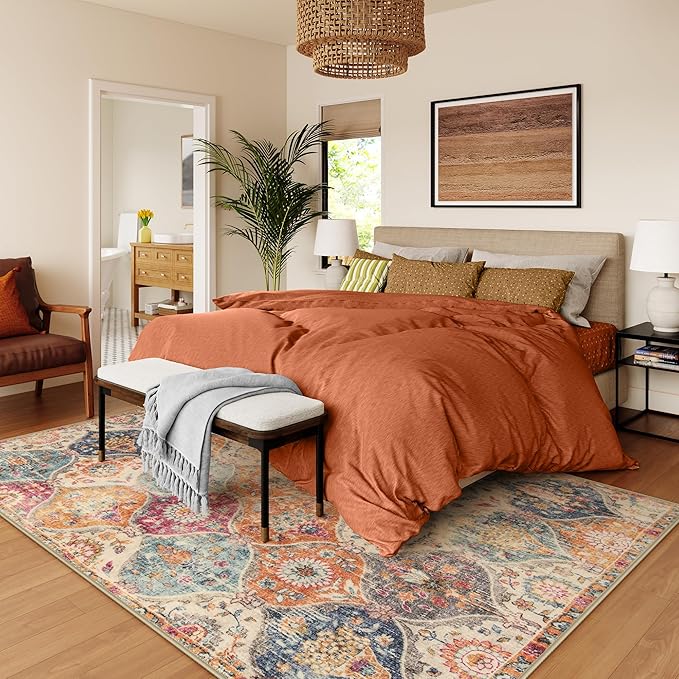 Lahome Moroccan Washable Area Rugs 8x10, 8x10 Rugs for Living Room Bedroom, Ultra-Thin Oriental Non-Slip Foldable Non Shedding Accent Large Carpet for Office Dining Room, Cream/Multi