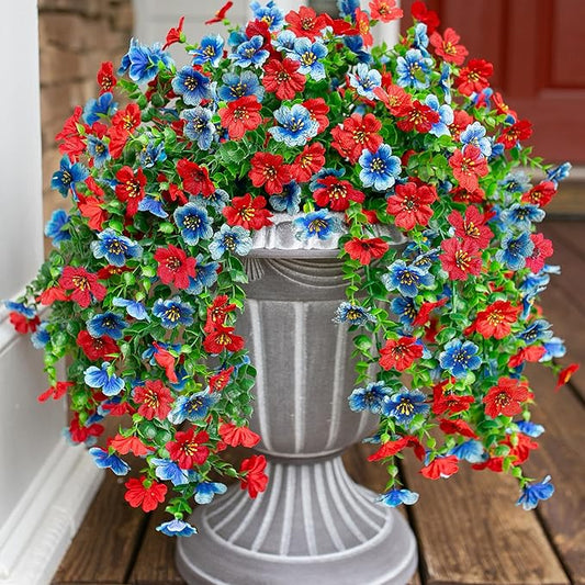 INSPRING Artificial Faux Hanging Flowers Plants for Spring Outdoor Outside Decoration, 2 PCS Fake Silk Daisy with Eucalyptus UV Resistant Realistic Trailing Vines for Balcony Patio Porch (BlueRed)