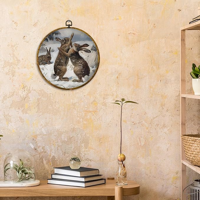 CUANFDDSF Vintage Winter Bunny Round Wall Art Decor, Rustic Cottagecore Rabbit Wall Hanging Frame Decor, Antique Winter Fighting Bunny Canvas Prints Decorations for Home Bedroom, 10x10 Inch