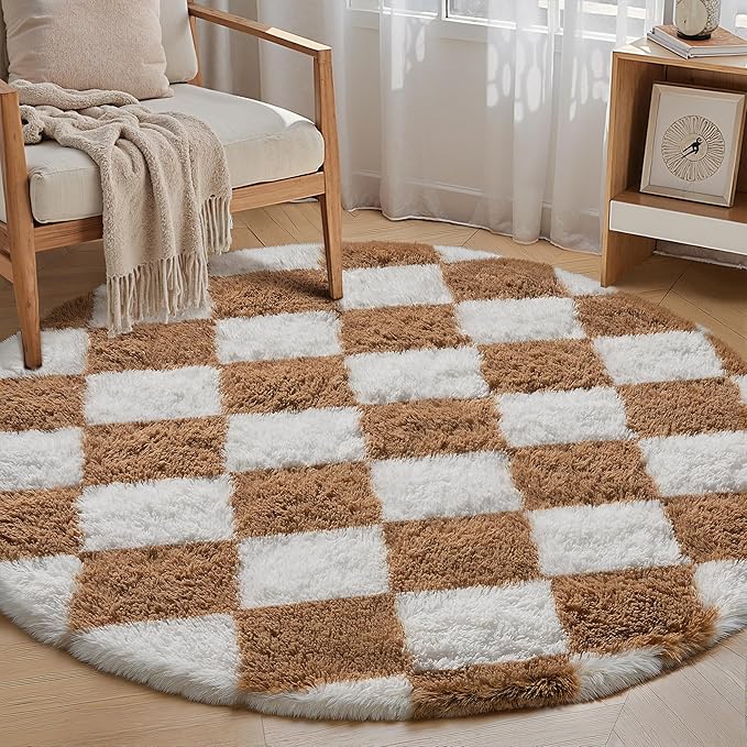 Checkered Rug 4x4 for Living Room, Beige and White Modern Shag Rug Super Soft Washable Indoor Fuzzy Carpet Non-Slip Fluffy Rugs for Bedroom Home Aesthetic Decor