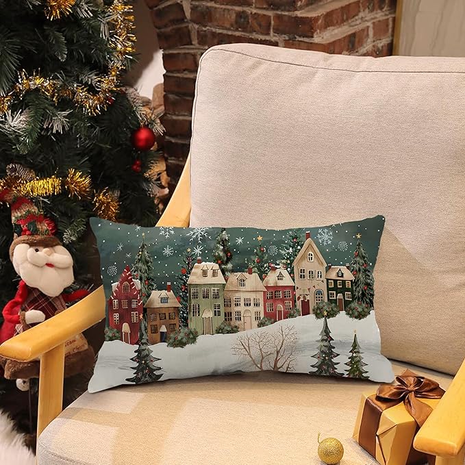 Winter Lumbar Decorative Rectangle Pillow Cover 12 x 20, Wonderland Forest House Snowflake Vintage Porch Outdoor Pillowcase, Christmas Holiday Seasonal Farmhouse Cushion Case Home Decor