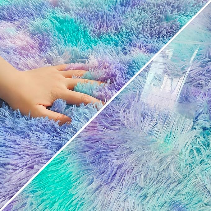 Tie-Dye Purple Rainbow Soft Shaggy Fluffy Rug for Living Room 6x9ft Anti-Skid Durable Area Rug Mat Bedside Throw Rug for Bedroom Kids Room Boys Teens Nursery Dorm Office Home Decor Carpets
