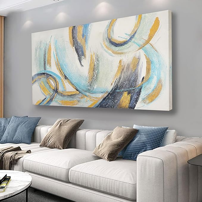 Glvzygy Abstract Wall Blue and Gold Wall Art Abstract Canvas Wall Decor Frame Artwork Modern Home Wall Decor for Living Room Bedroom Office 29"x58"