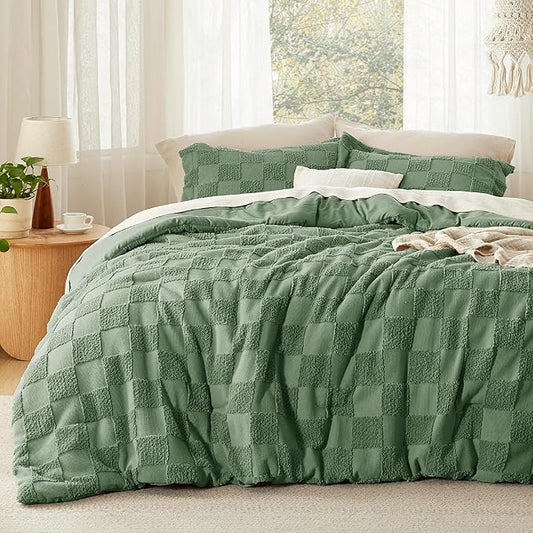 Bedsure King Size Comforter Set Green, Boho Tufted Bed Set, Checkered Farmhouse Shabby Chic Bedding, 3 Pieces, 1 Plaid Geometric Comforter and 2 Pillow Shams
