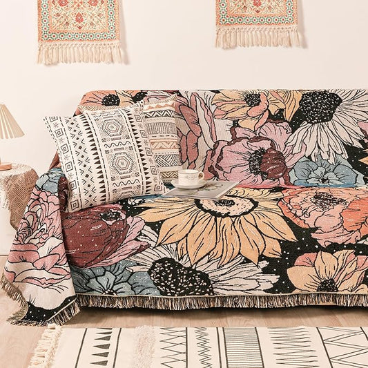 Boho Throw Blanket for Bed Couch Sofa Reversible Cotton Bohemian Travel Boho Quilt Mexican Muslin Blanket Tapestry Hippie Room Decor Outdoor Blanket Double Sided (Boho Flower Dark 70"x90")