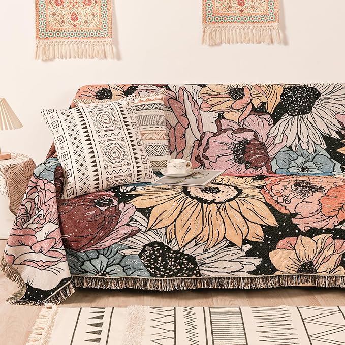 Boho Throw Blanket for Bed Couch Sofa Reversible Cotton Bohemian Travel Boho Quilt Mexican Muslin Blanket Tapestry Hippie Room Decor Outdoor Blanket Double Sided (Boho Flower Dark 60"x80")