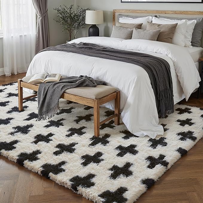 Modern Rug 8x10 for Living Room, Black and White Shag Rug Washable Non-Slip Large Area Rug Super Soft Indoor Fuzzy Carpet Fluffy Rugs for Bedroom Home Aesthetic Decor