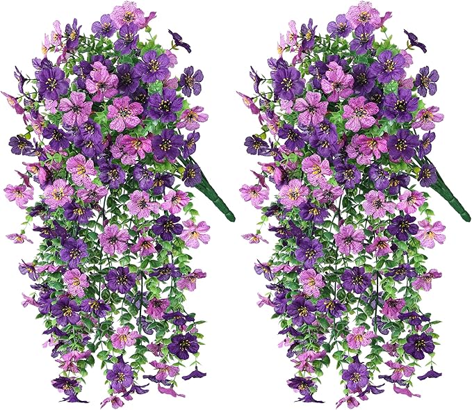 Artificial Faux Hanging Flowers Plants for Spring Outdoor Outside Decoration, 2 PCS Fake Silk Daisy with Eucalyptus UV Resistant Realistic Trailing Vines for Balcony Patio Porch (Darkpurple+Purple)