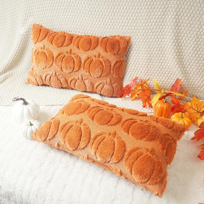 GEEORY Fall Pumpkins Soft Plush Pillow Covers, 12 x 20 Inch Set of 2, Fluffy Faux Fur Wool Decorative Farmhouse Cushion Case for Sofa Home Decoration Orange Pumpkin GC021-12